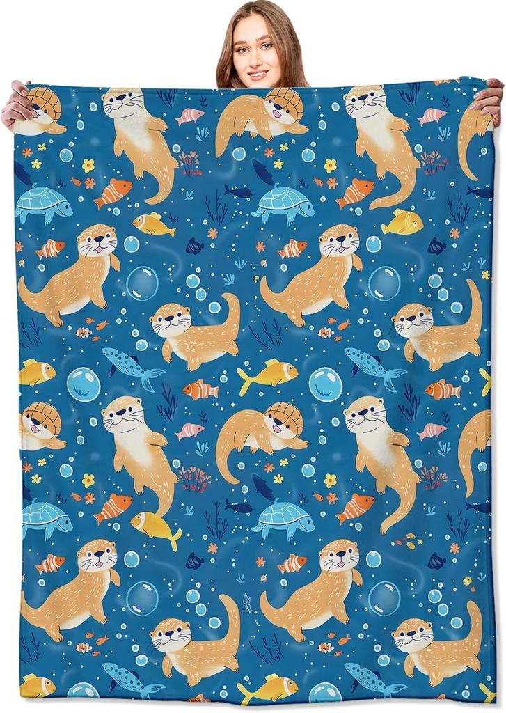 Cute Otter Throw Blanket Soft Fleece Lightweight Cozy Blanket for Bed Sofa Perfect Birthday Gift for Kids Women  Marine Lovers O