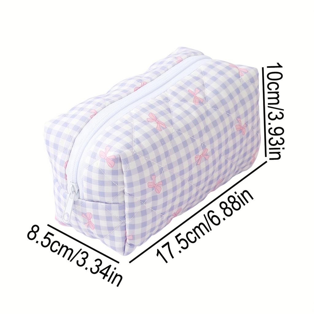 1pc Checkered Pencil Case Pink Bow Pattern Portable Stationery Organizer School Office Desk Essentials Travel Accessories