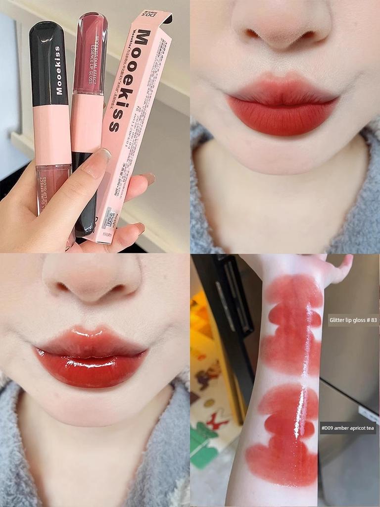 Pink Blue Limited Edition! Mooekiss Double-Ended Lip Glaze, Lip Mud, Lip Cream, Non-Stick Cup W2 Guava Peach Bb01