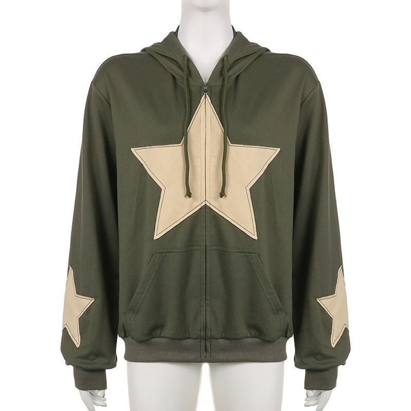Y2K Vintage Star Hooded Hoodie Women Casual Loose Long Sleeve Drawstring Sweatshirts Autumn Spring Coat