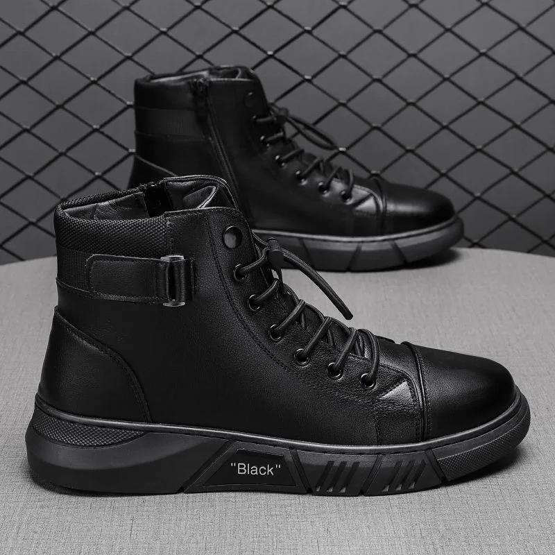 Men's High Top Motorcycle Boots Fashion Black Leather Boots New Outdoor Waterproof Platform Boot Men Boots Luxury Designer