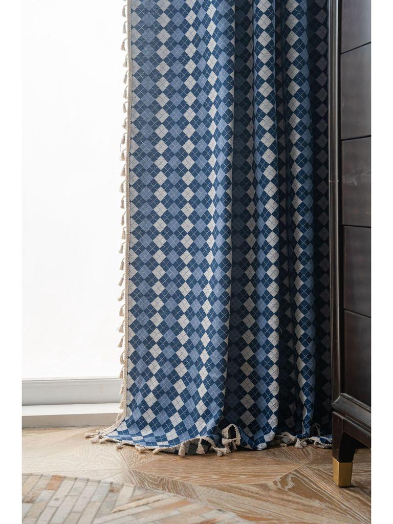 Yimanqiyun Blue French Grid Jacquard Semi-Blackout Bay Window Curtains