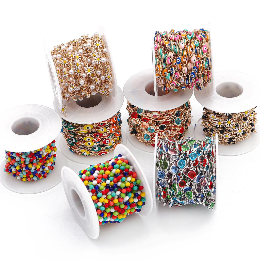 50 cm handgefertigte Kette mit Gänseblümchen-Blume, böser Blick, Strass-Kristall-Perlenkette für Halskette, Armband, DIY-Schmuckherstellung