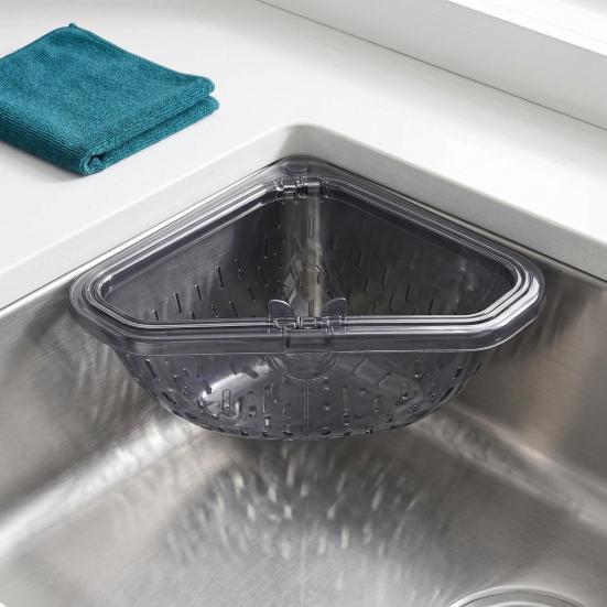 2 Peças Peneira Magnética Triangular para Ralo de Pia, Filtro de Resíduos de Alimentos para Cozinha com Fundo de Rosca, Suporte de Esponja à Prova de Ferrugem, Organizador de Canto de Pia, Casa