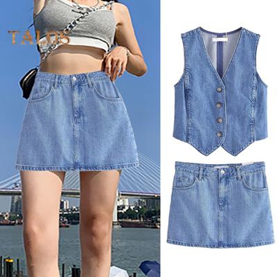 Women Denim Vest Skirt V Neck Sleeveless Single-breasted Cardigan Waistcoat Solid Color Pockets Slim Fit Button Zipper Closure Mini Skirt