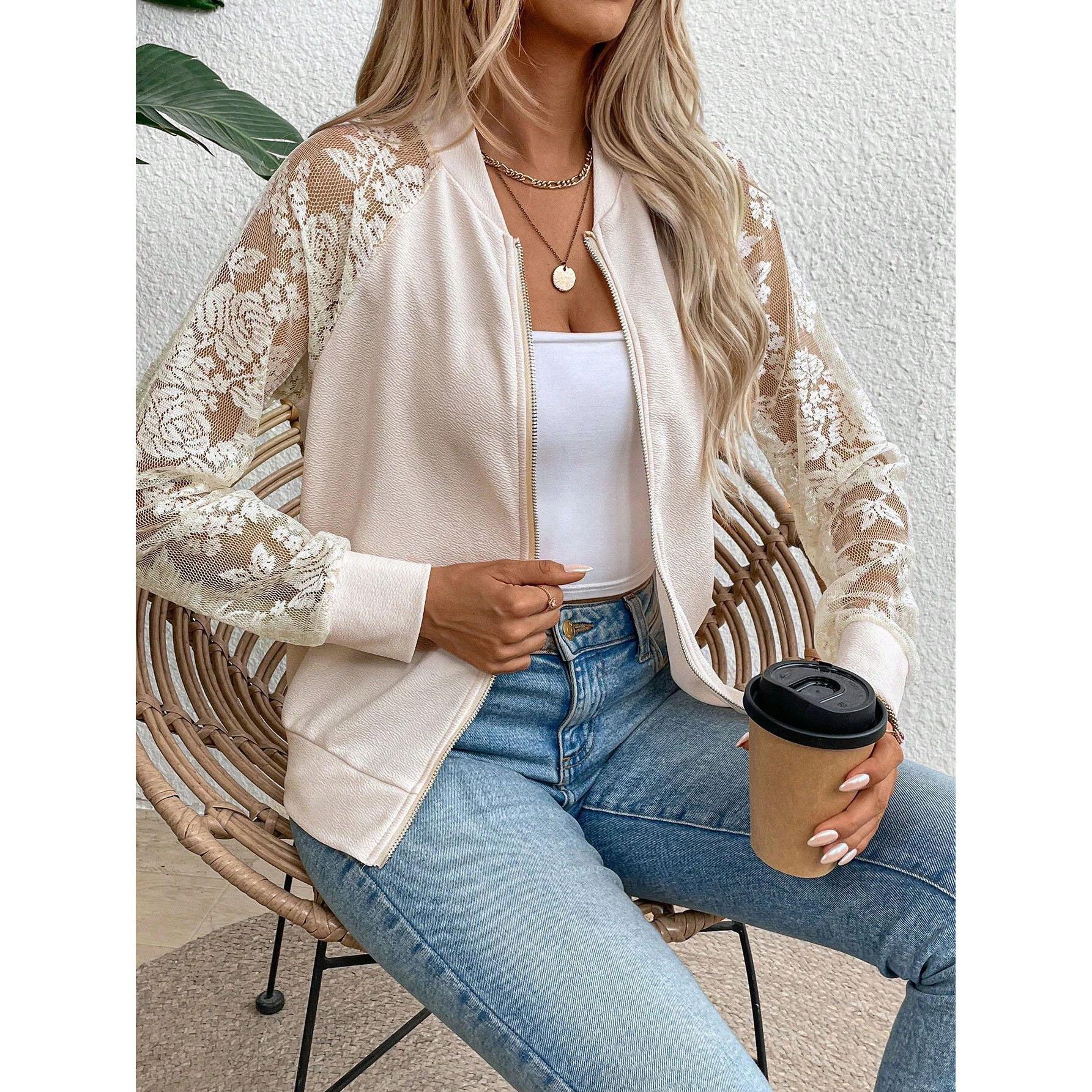 

Spring Women s Baseball Clothing Coat Fashion Lace Splicing Long Sleeve Zipper Jacket Elegant Casual Black Female Tops XS чорний