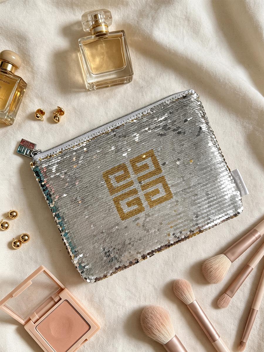 GIVENCHY Silver Reversible Sequin Cosmetic Bag