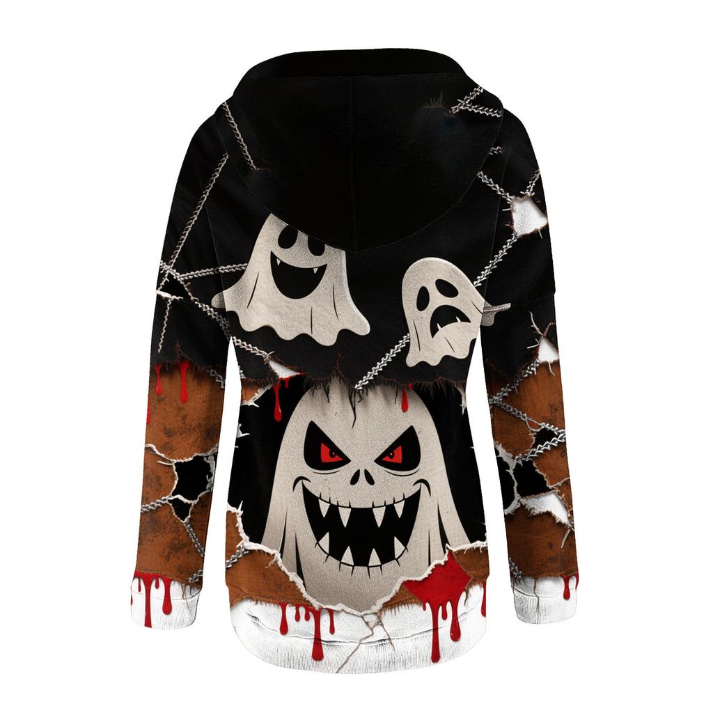 Women's Casual Round Neck Long Sleeved Top With Shattered Halloween Print Hooded Sweatshirt