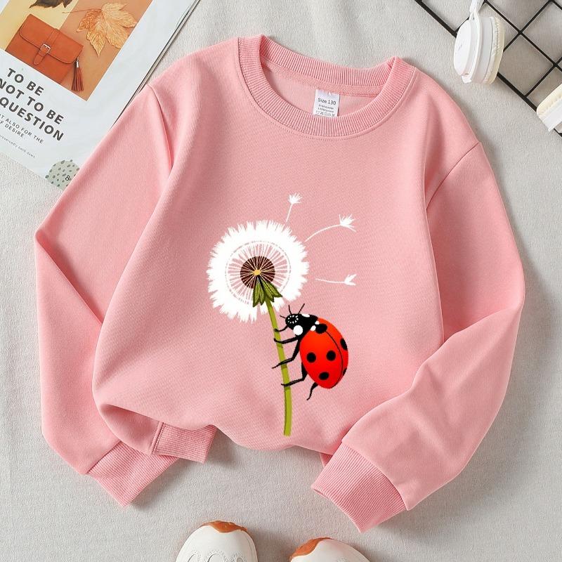 Kids Crew Neck Sweatshirt, Ladybug On Dandelion Stem Print, Soft Cozy Pullover,Daily Casual Top for Spring & Autumn