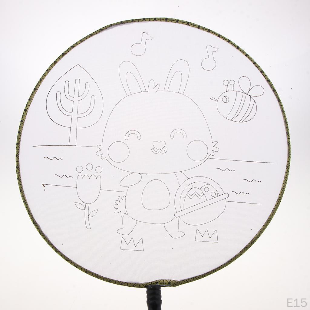 1 piece Ancient Handheld Fan Round Paddle Mandarin Handle with Fabric, Blank Patterns