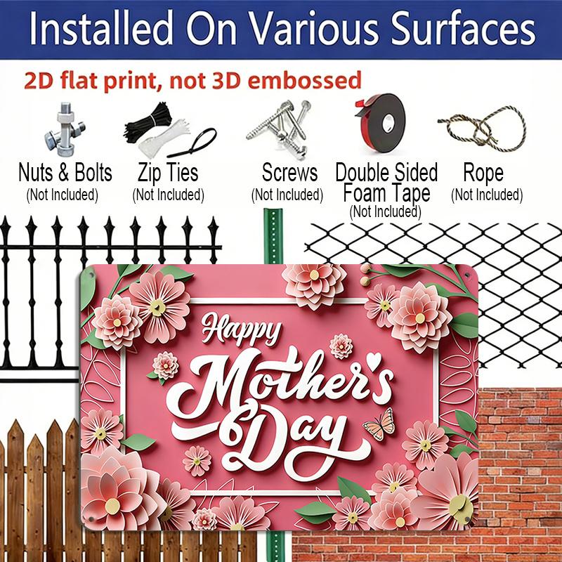 2D Flat, 1pc "Happy Mother's Day" Floral Plaque, 12"×8" - Flower Style Decor Sign, Pink - Aluminium Wall Hanging Decoration for Home, Porch, Garden