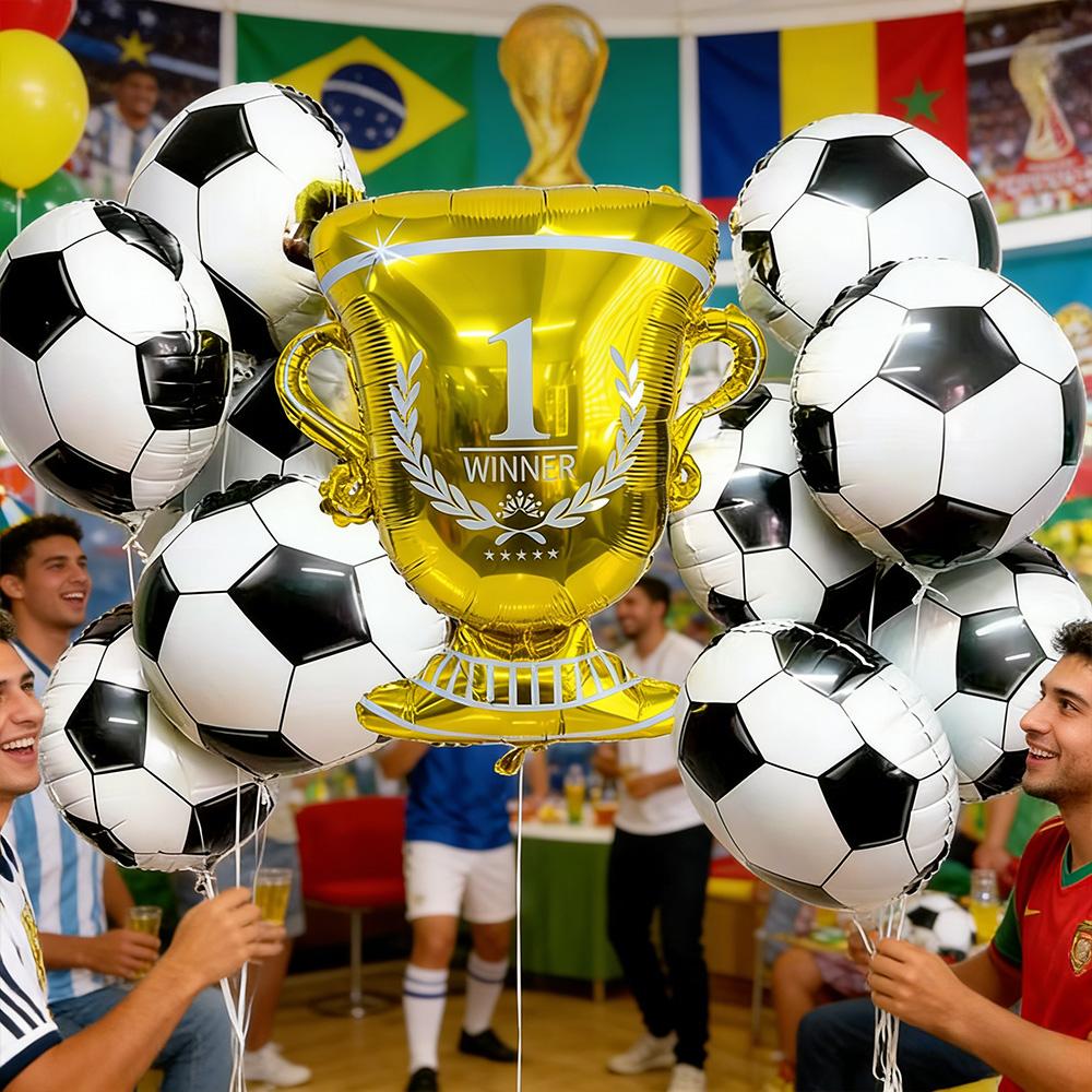 12Pcs Soccer Theme Foil Balloon Set, Golden Champion Trophy & 10Pcs 18-Inch Football Mylar Balloons, Aesthetic Sports Event Deco