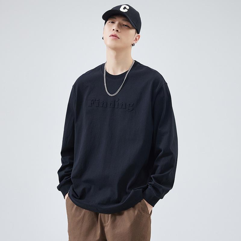 Heavyweight Pure Cotton Men Long Sleeve Crew Neck Loose Casual T Shirt