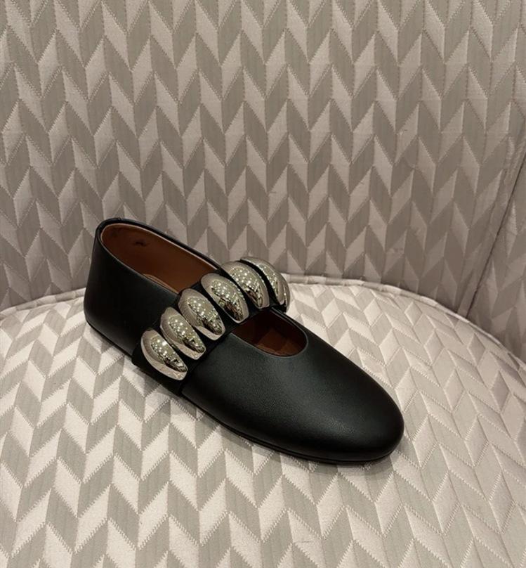 Leather Round Head Metal One-word Buckle Flat-soled Single Shoes Women's Spring Mary Jane Ballet Shoes Round Head Shallow Mouth Grandma Shoes