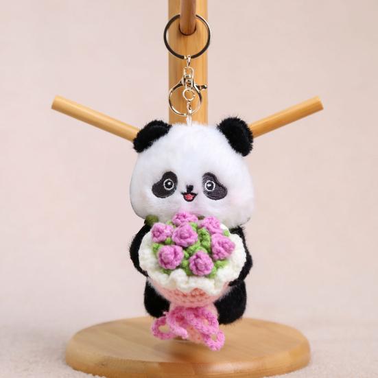 Panda Holding Flowers Keychain Cute Plush Stuffed Animal with Knitted Bouquet
