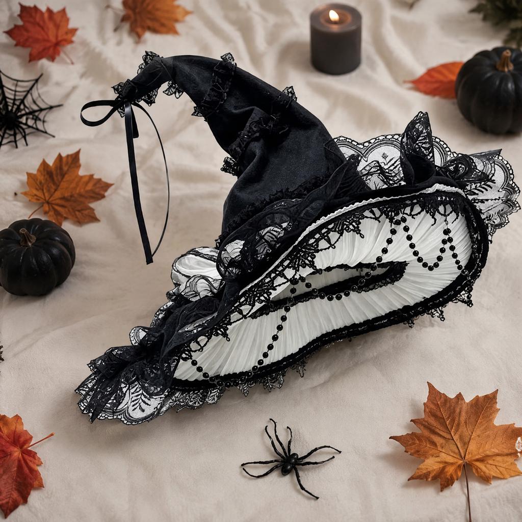 Lace Witch Hat Wide Brim Pointed Top Bow Gothic Costume Halloween Hat for Women Cosplay Party Dress Up