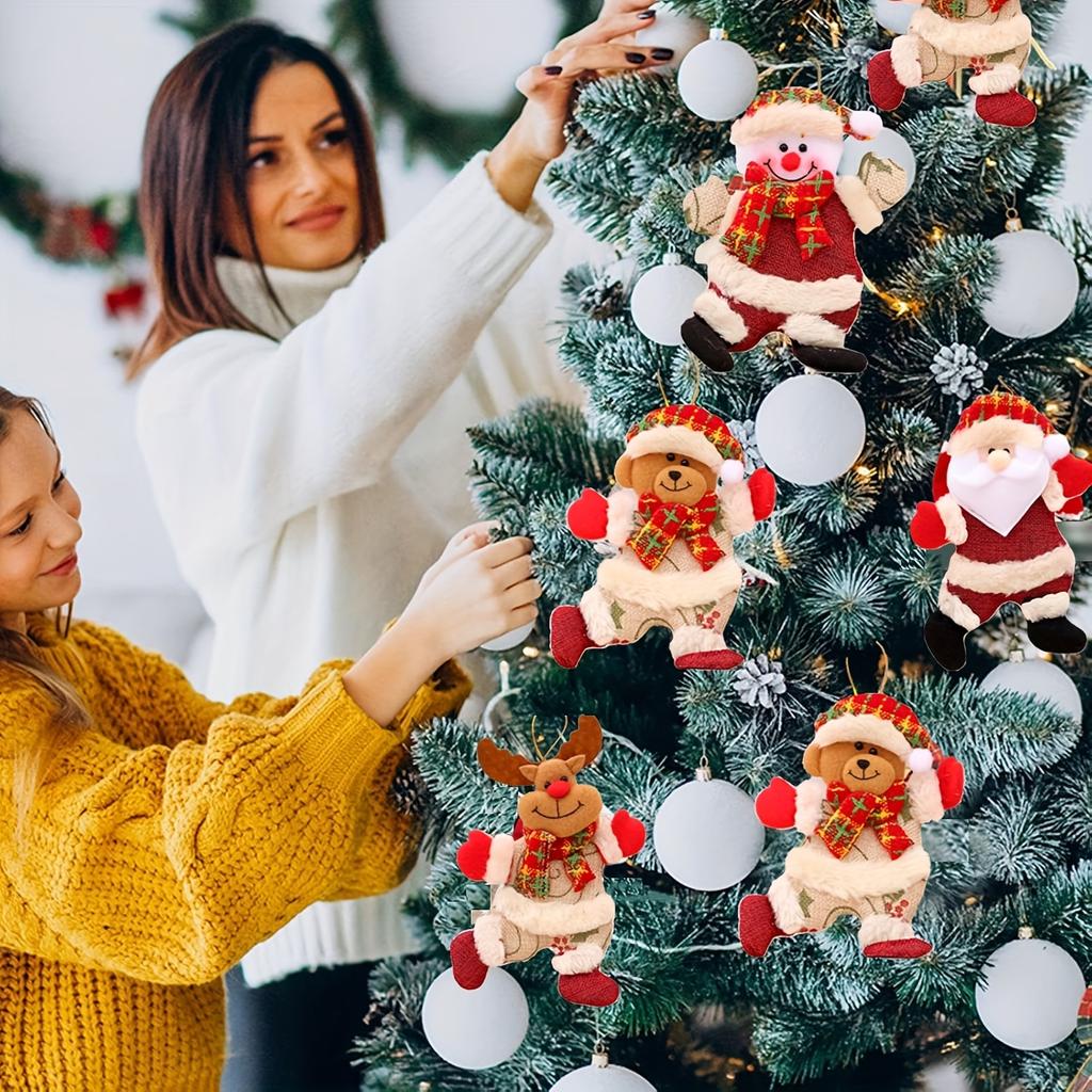 4pcs Christmas Tree Ornament Set Santa, Snowman, Reindeer, Bear Designs Festive Hanging Decorations for Holiday Party,Polyester,Holiday Pendant Decor