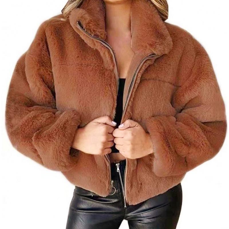 Women's Autumn Winter Faux Fur Short Coats Zipper Plush Warm Oversized Thick Jacket Turn Down Collar Overcoat