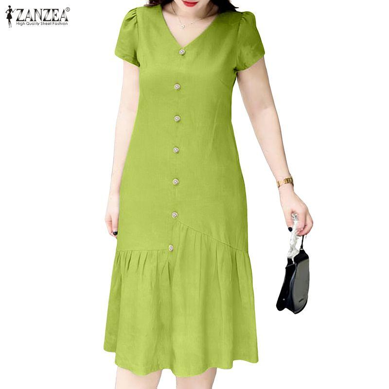 ZANZEA Women Casual V-Neck Summer Short Sleeve Solid Color Dress