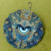 Eye Themed Metal Wind Spinner Outdoor Garden Decor Blue and Golden Circular Design Indoor Hanging Ornament No Power Needed for All Seasons