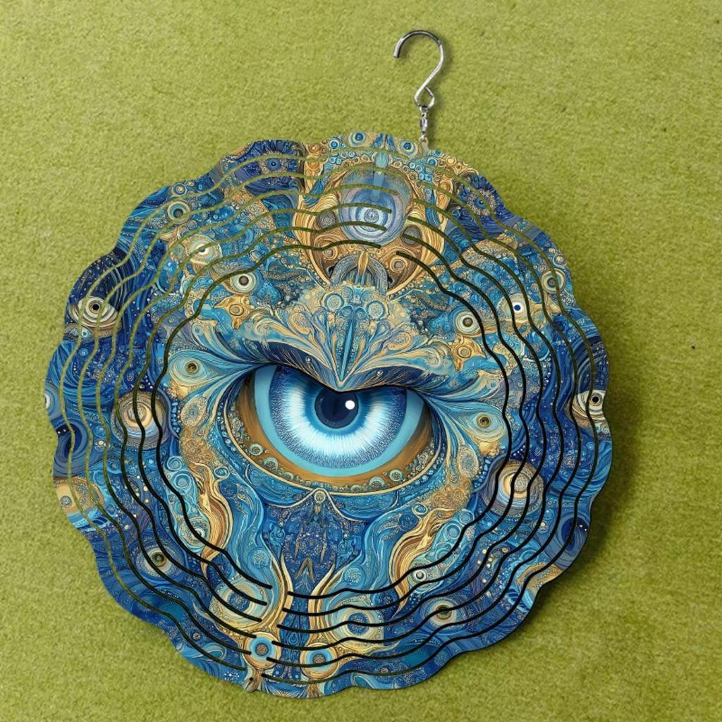 Eye Themed Metal Wind Spinner Outdoor Garden Decor Blue and Golden Circular Design Indoor Hanging Ornament No Power Needed for All Seasons