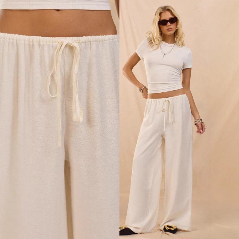 Women Casual Loose Solid Color Low Waist Wide Leg Straight Floor Length Long Pants