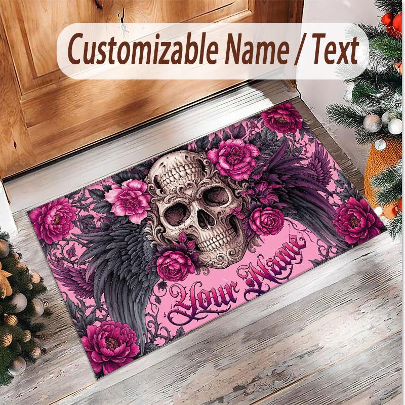 Tappeto Morbido in Velluto di Cristallo Tema Gotico Teschio Stampa Personalizzata Nome e Testo Tappeto Antiscivolo per Camera da Letto Soggiorno