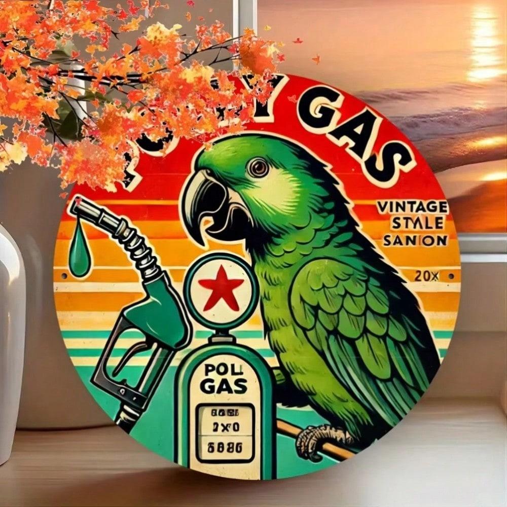 

2D Retro Parrot Car Metal Tin Sign, Round Wall Decor For Garage Bar Man Cave M білий