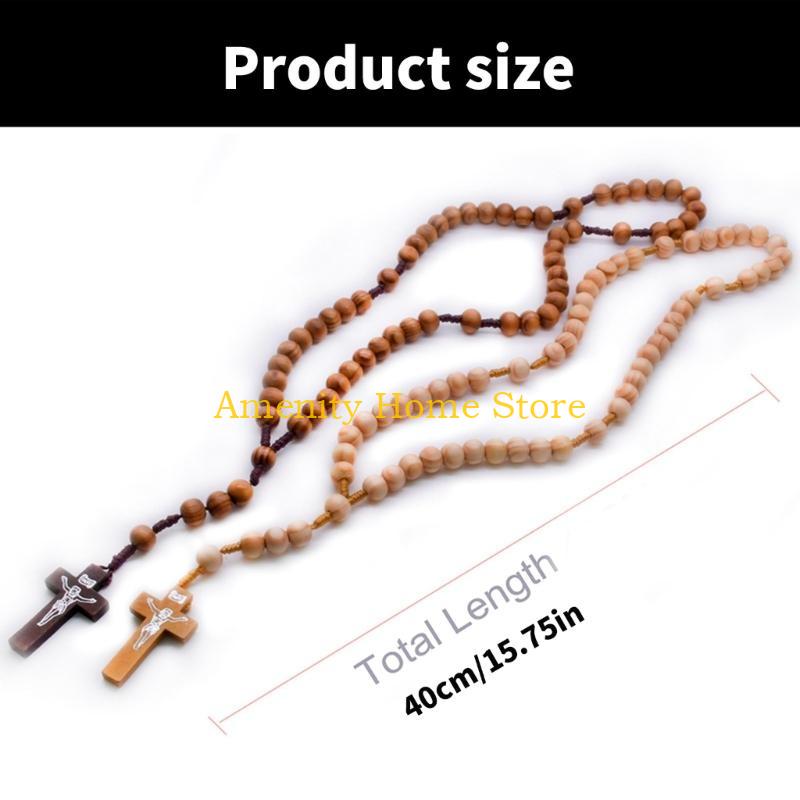 F26C Elegant Catholic Rosary Necklace with Solid Wood Beads and Wooden Crosses Prayer Neckchain for Baptisms Ceremonies Gift