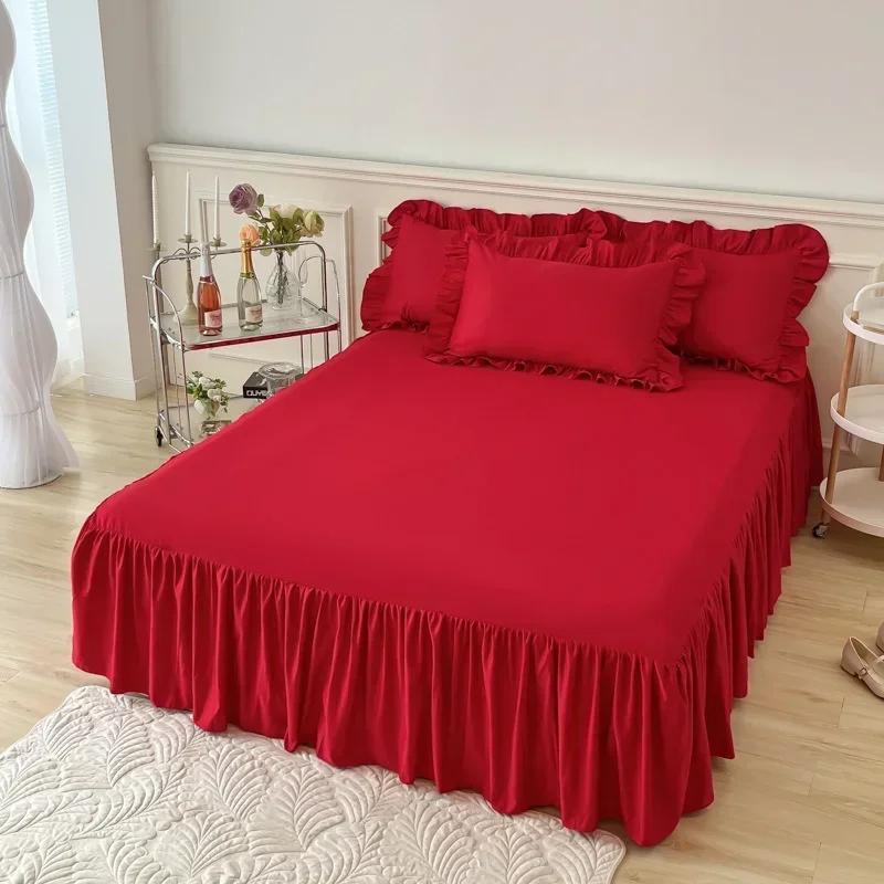 Saia de cama de cor sólida, saia de cama com babados de renda, 1 peça, capa para cama de quarto, saia de cama, capa de colchão antiderrapante, lençol, colcha