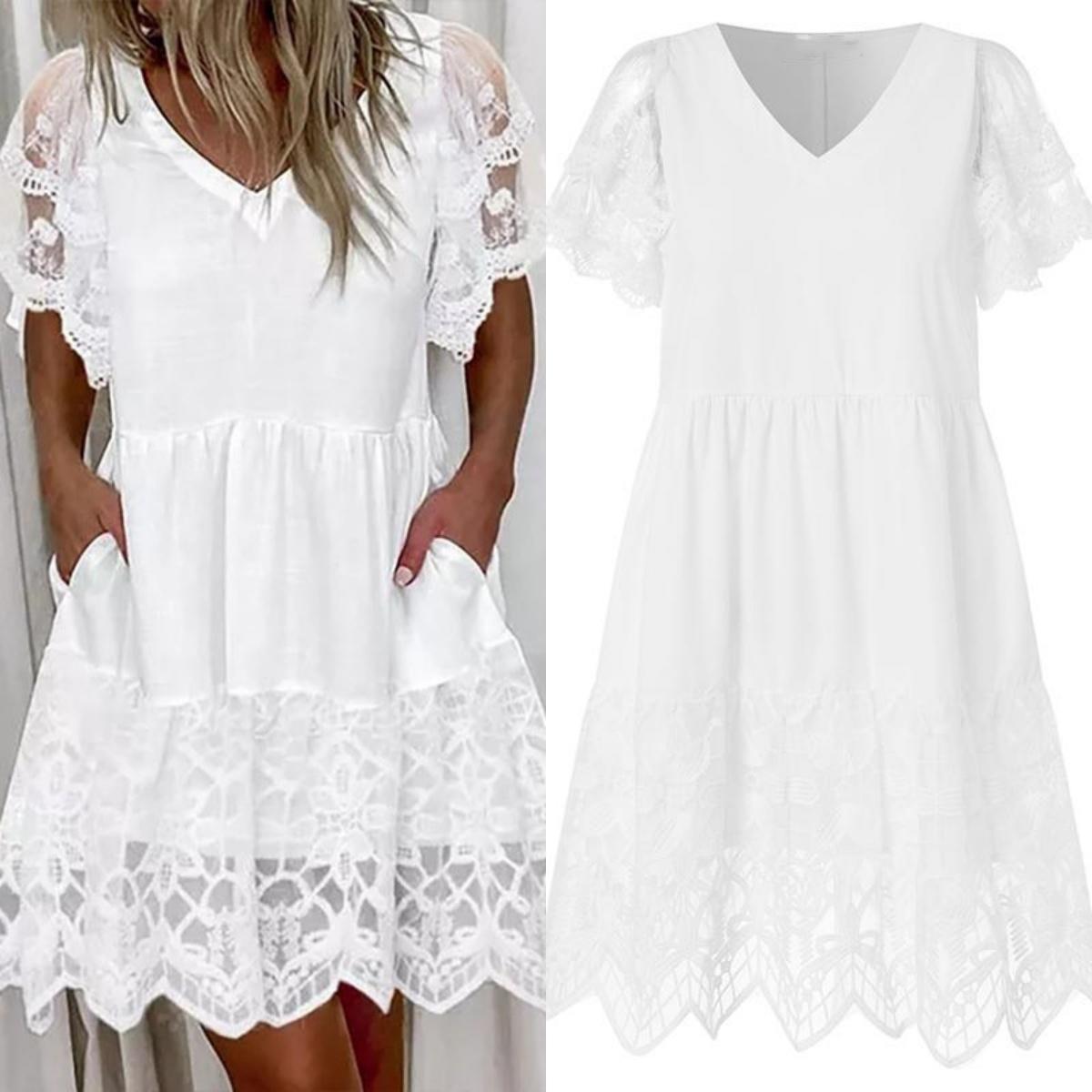 

Женское повседневное летнее кружевное короткое платье с v-образным вырезом и коротким рукавом
