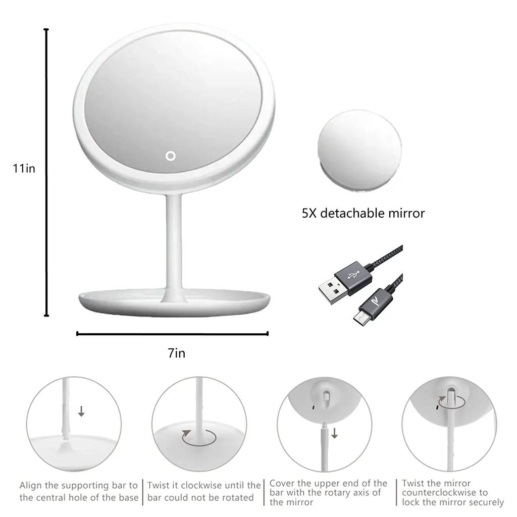 LED Makeup Mirror With Light Lamp With Storage Desktop Rotating Cosmetic Mirror Light Adjustable Dimming USB Vanity Mirror