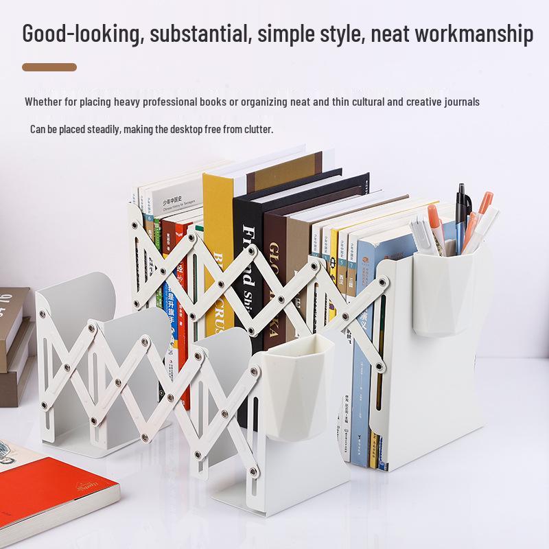 Metal Foldable Book Stand & Pen Holder: Large Desktop Bookend Storage Rack
