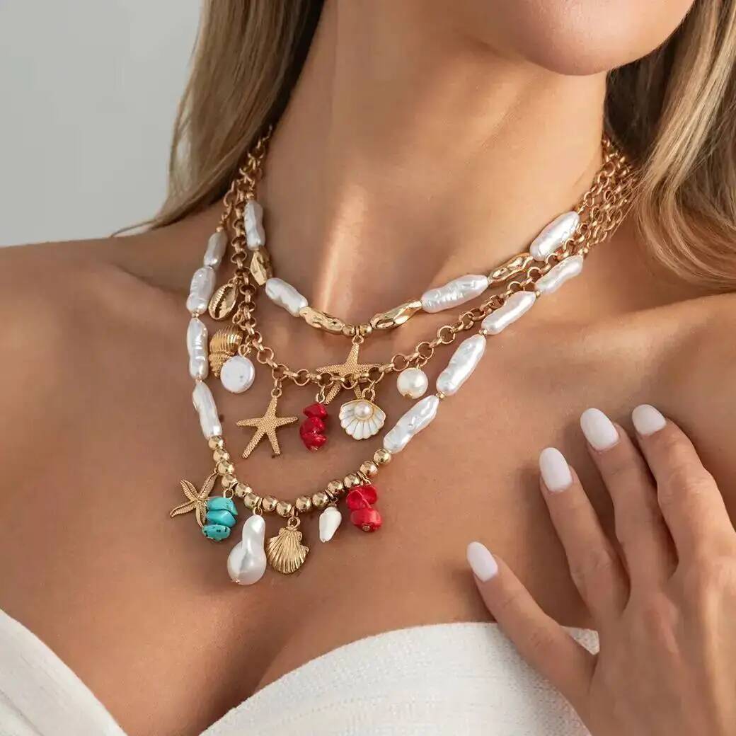 

SHIXIN 3 Pcs/Set Boho Baroque Imitation Pearl Chain Necklace for Women Trendy Beach Starfish Scallop Pendant Choker Jewelry Gift