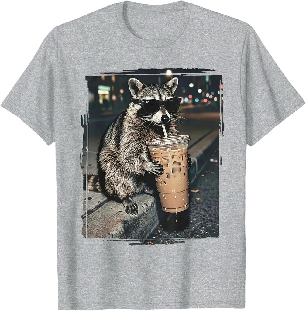 Waschbär trinkt Eiskaffee Lustiges Tier-Meme T-Shirt Unisex Sommer Baumwollkleidung Mode Rundhals Kurzarm T-Shirt