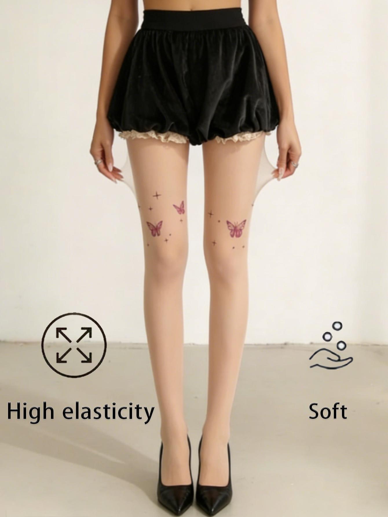 Yiran Sexy Lingerie Women's Pink Nude Effect Sheer Tights With Butterfly Print, High Elasticity Soft Hosiery For Jk Uniforms & Kawaii Outfits Cm