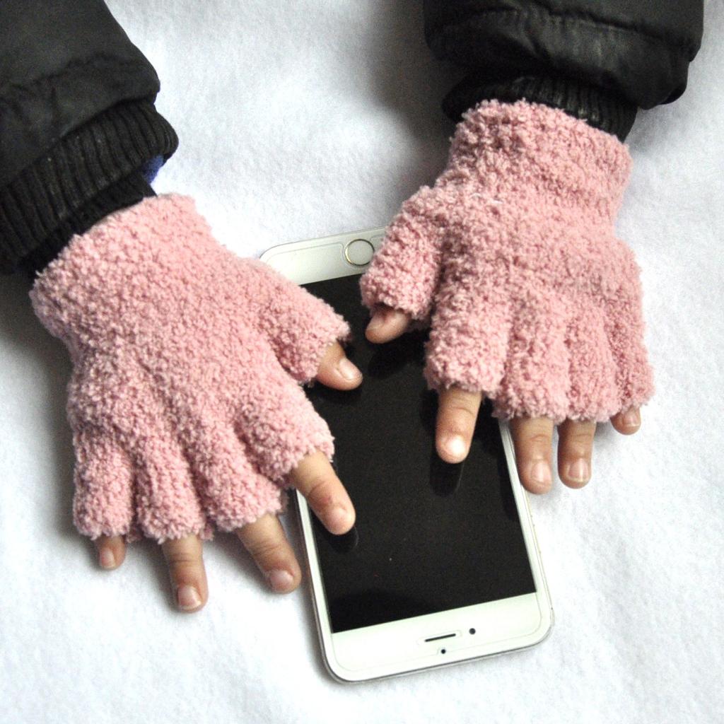 Children Coral Fleece Gloves Kindergarten Pupil Student Baby Winter Warm Plush Mittens Half Finger Gloves For 5-11Y Kid Gloves