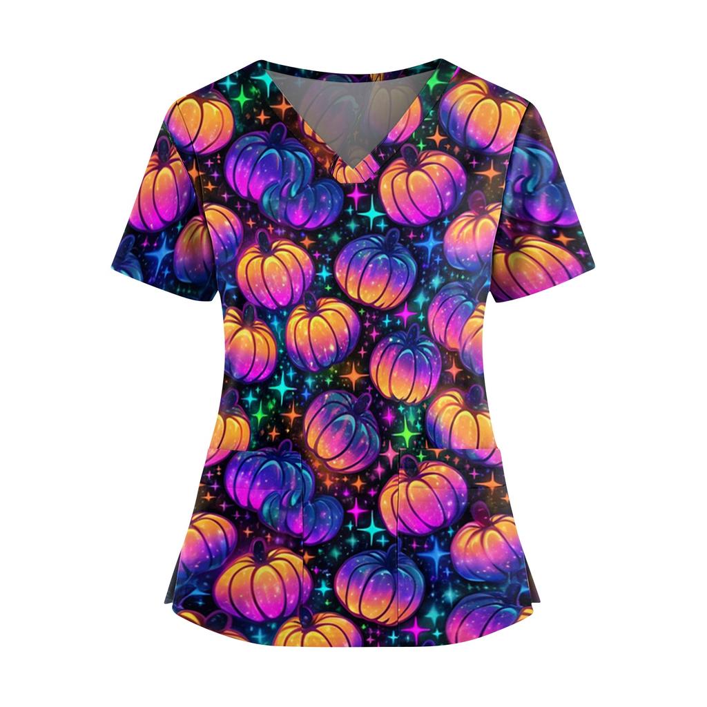 Womens V Neck Casual Halloween Print Top Short Sleeve Medical Scrub Shirt with Pockets Lightweight Comfortable Fit