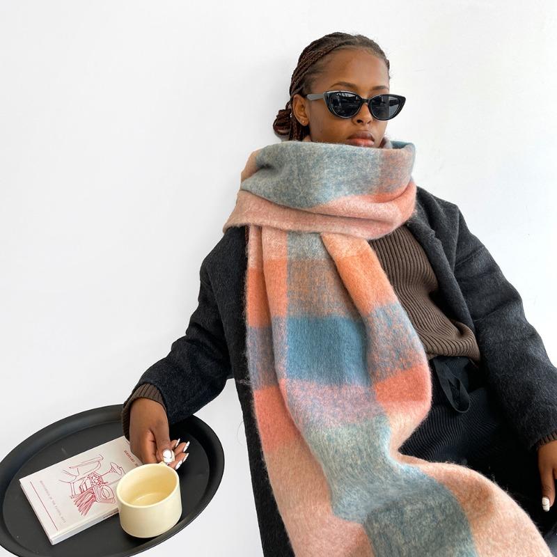 Color Plaid Scarf Women's Winter Warm Scarf Mohair Thickened Long Scarf Hot Shawl