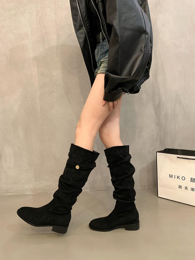 Coarse Heel Suede Khaki Pile Medium Tube Knight Boots Women's Shoes New Autumn and Winter Skinny Long Tube Long Boots