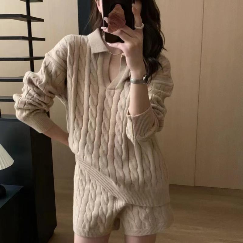 Winter Casual Loose Fit Tracksuit Oversized Pullover Long Sleeve Knitted Sweater Suit High Waist Shorts Two Piece Set Women Clothing