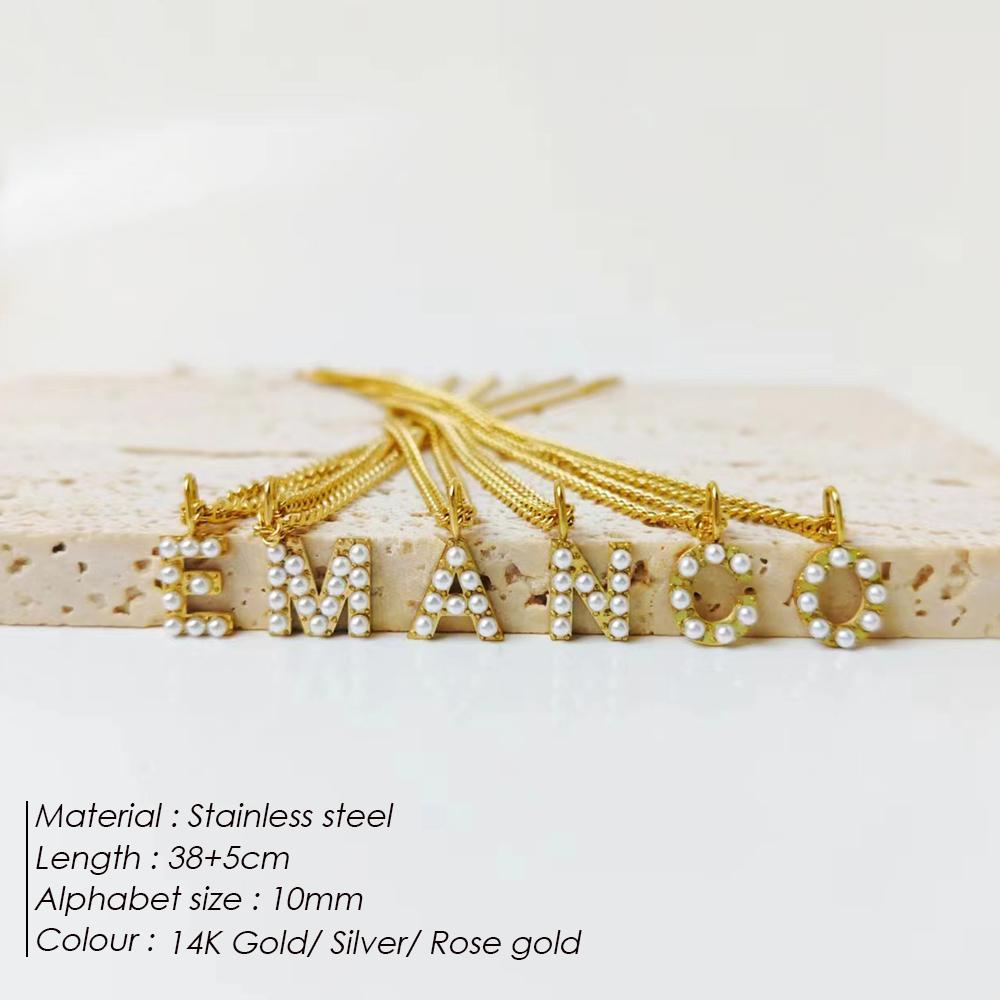 eManco DIY Imitation Pearl Letter Pendant Stainless Steel Cuban Chain Necklace Women's Gold Plated Accessories 48 Hour Shipping