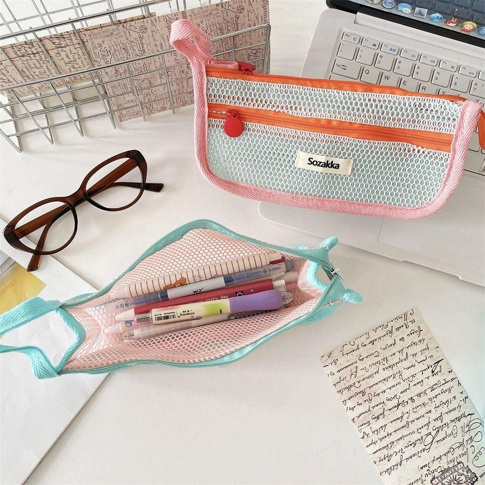 Retro Color Transparent Pencil Bag Nylon Zipper Stationery Bag Portable Mesh Pencil Case  Outdoor