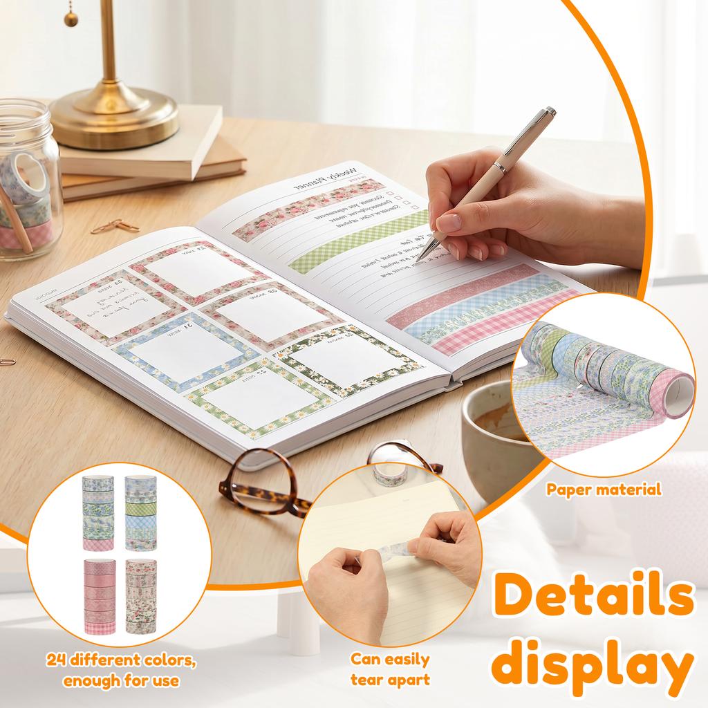 24 Roll Watercolor Washi Tape Set 15 Mm Vintage Floral or Lattice Decorative Masking Tape for Art DIY Craft Scrapbook Envelope