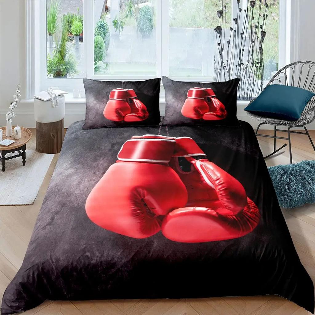Boxing Bedding Set Red Boxing Gloves Pattern Comforter Cover Sports Theme Duvet Cover Room Pugilism Games Bedding Collection