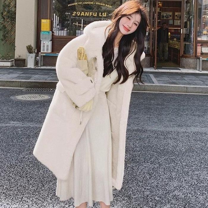 Zimní kabát z jehněčí kožešiny pro ženy s kapucí, dlouhá bunda z umělé kožešiny, teplé zahuštěné plyšové svrchní oblečení, roztomilý styl