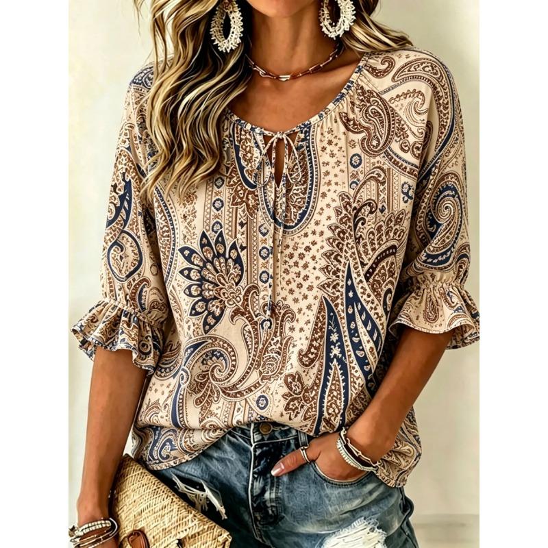 Women's Blue Beige Paisley Print Tie Neck Blouse