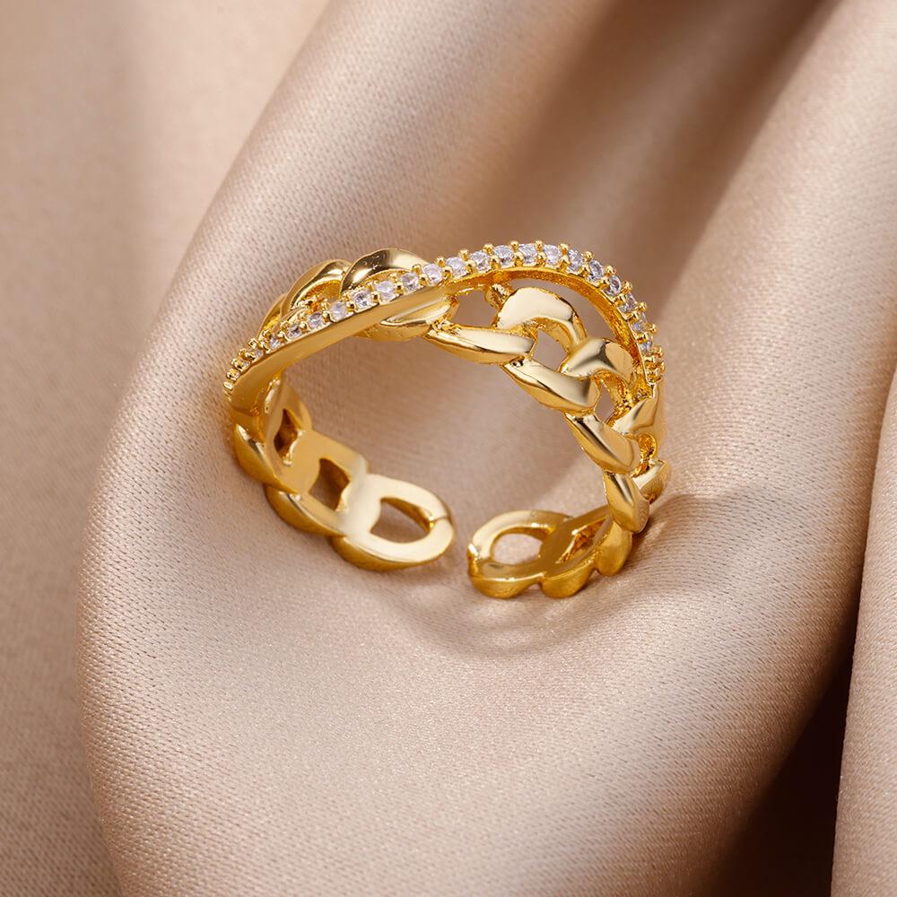 18K Gold Plated Open Ring with Zirconia Leaf Design - Luxurious, Non-Fading, Ideal for Women