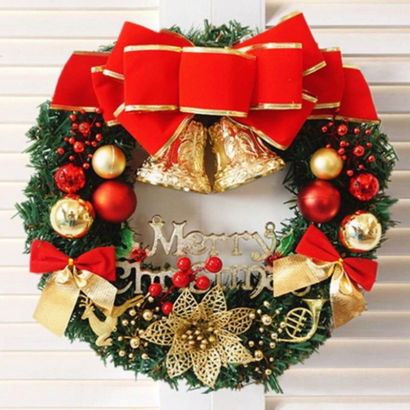 Christmas Wreath Front Door Hanging Ornaments Artificial Wreath Bell Gift Bow Stars For Christmas Tree Home Windows Decor