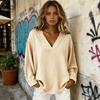 Damen Oberteile V-Ausschnitt Langarm Locker Geschnittene Pullover Tops Einfarbig Lässige Bluse Arbeits- Party- Date-Kleidung
